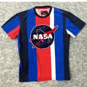 NASA space stripped t shirt small embroidered red blue white retro crewneck